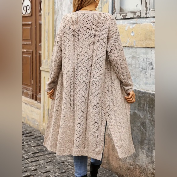 New Open Front Solid Crochet Hollow Cardigan Knit Long Sleeve Split Neutral NWT - Picture 7 of 16
